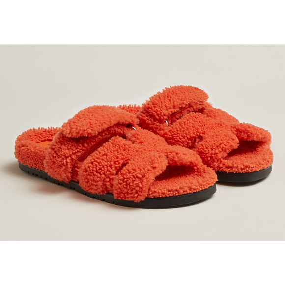 Hermes Chypre Sandal Teddy Shearling Fur Orange H Logo Slide Mule Flat Flip 37.5 - Picture 2 of 12